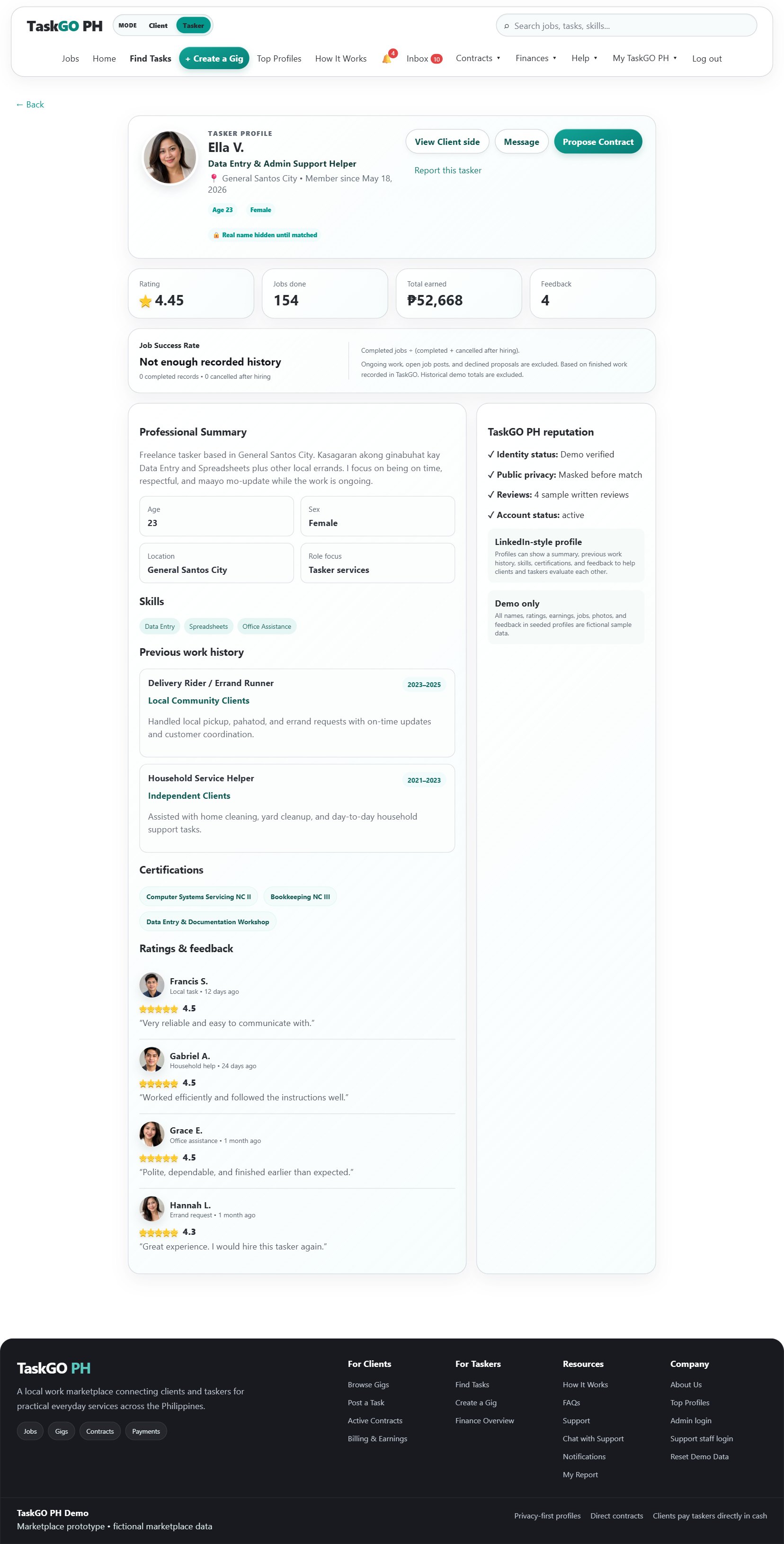 Tasker Profile for applicant Ella V., with her photo, professional summary, 4.45 star rating, 154 completed jobs, skills, and work history.
